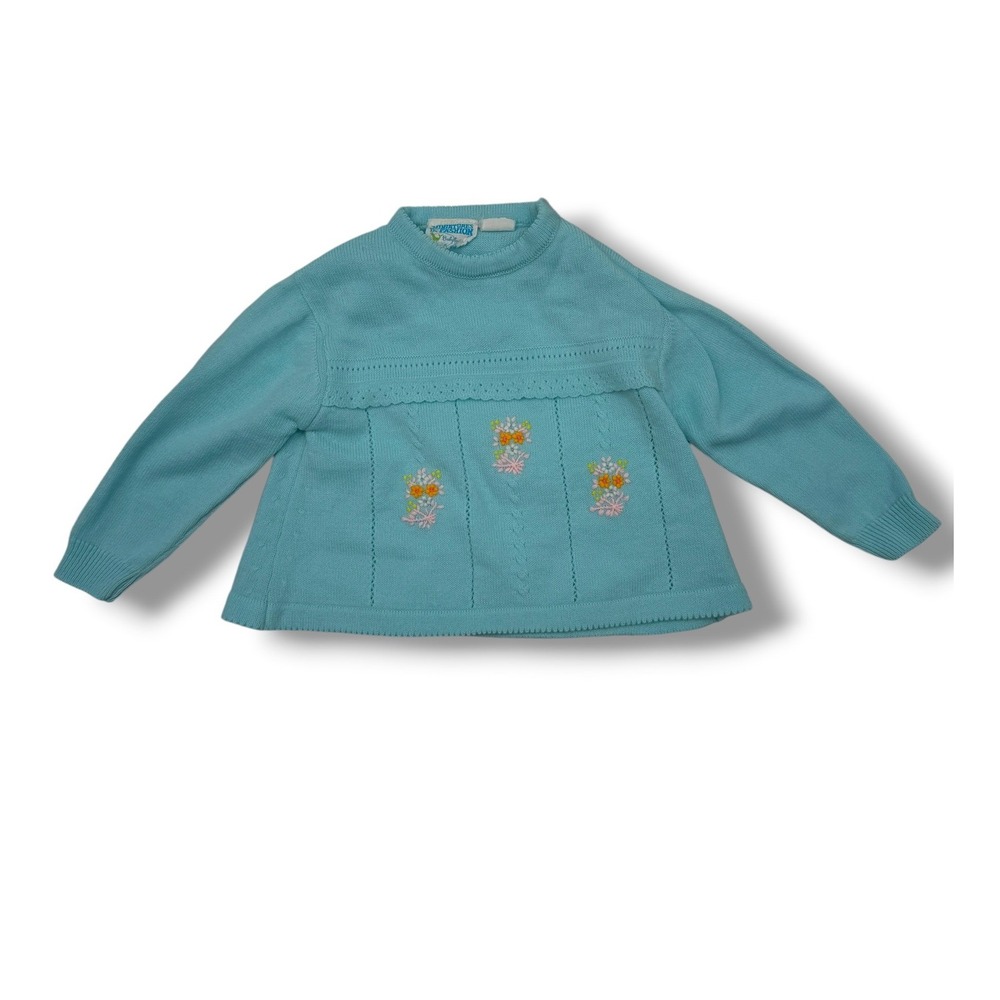 Vintage Baby Sweater Aqua Blueโ Floral Embroidered Knit Cottagecore Grandpa
